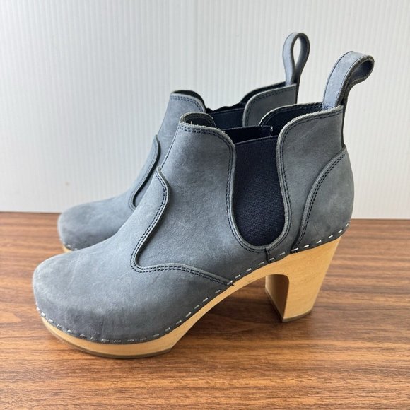 Swedish Hasbeens Shoes - Swedish Hasbeens Blue Chelsea Nubuck Leather Ankle Boot Wood Heel Women 36 US 6